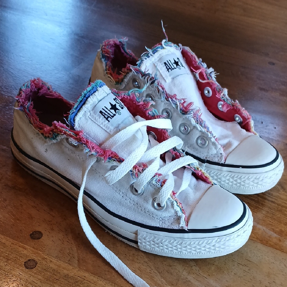Converse All Star White and Rainbow Fringe Chuck Taylor Sneakers. Worn
